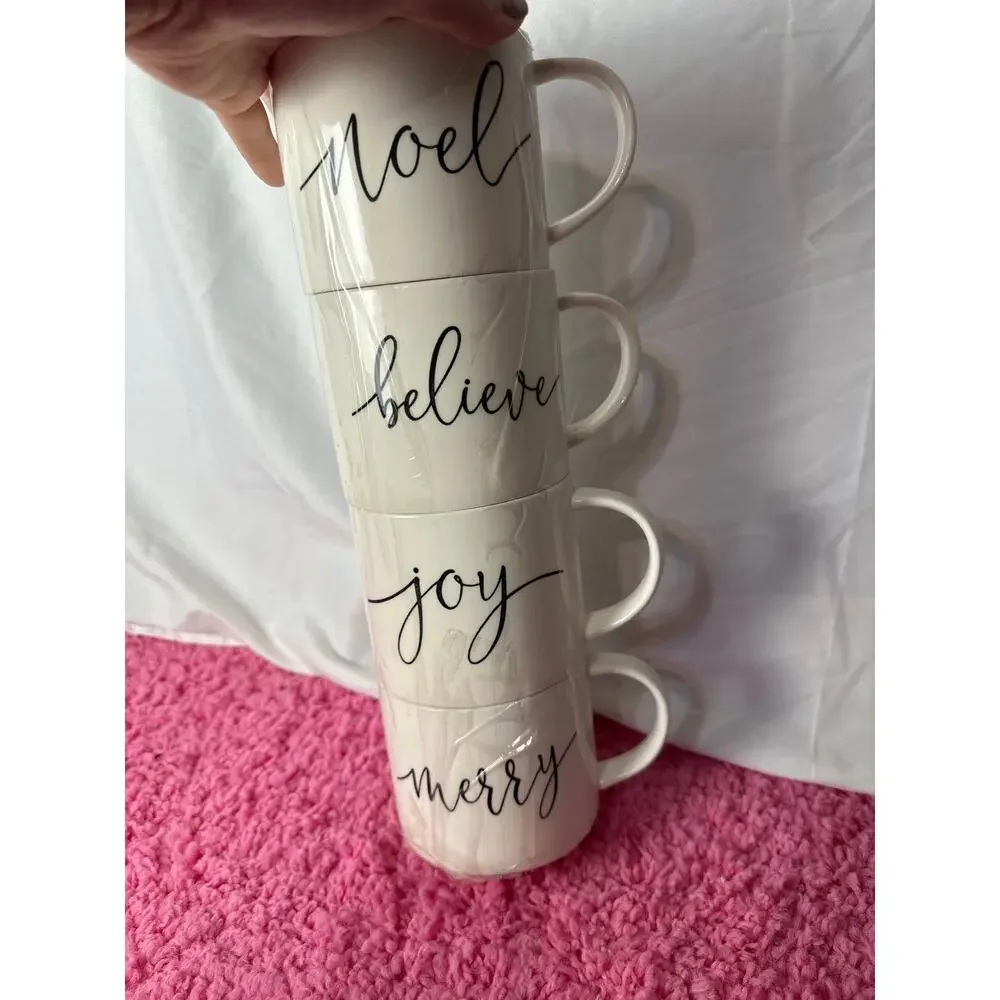 Set 4 Large Holiday Christmas Coffee Mugs Cups White Black‎ Words Letters